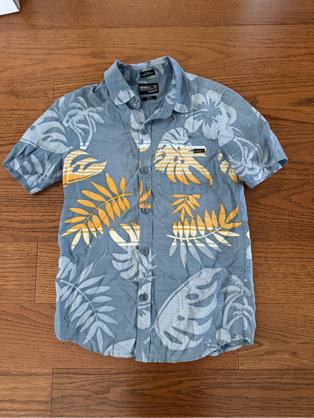 O'Neill Boy’s Tropical Blue Yellow Short Sleeve Button Down Shirt Sz Small